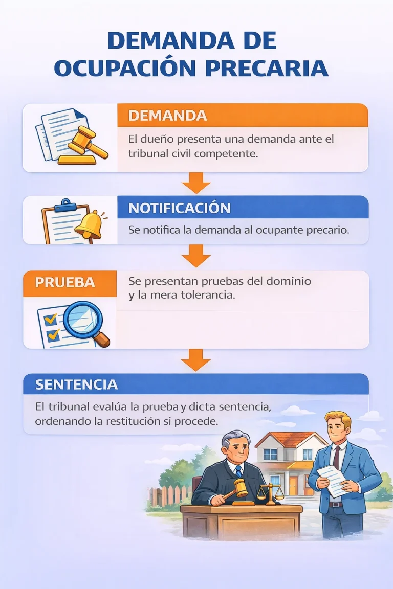 Diagrama del procedimiento de la demanda de ocupación precaria en Chile, incluyendo acreditación del dominio y la mera tolerancia